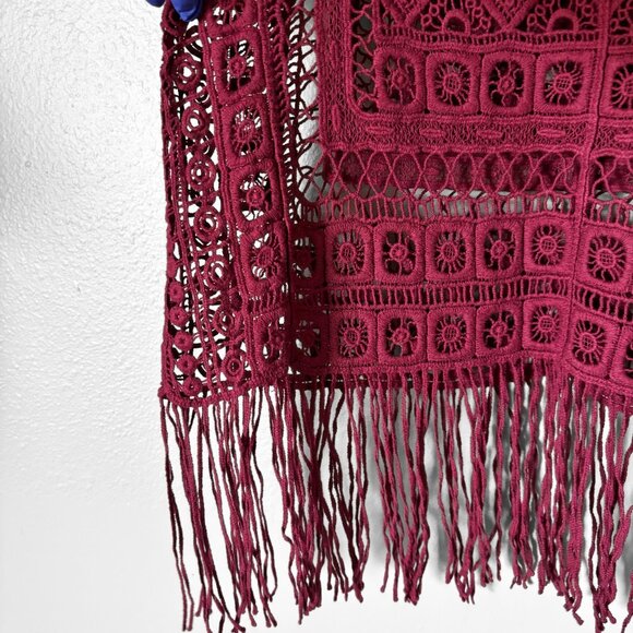 Active Crochet Fringe Burgundy Tank Top Womens Small Boho Festival Retro 70s - Picture 3 of 13
